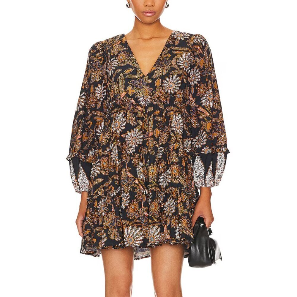 Cleobella Black Floral Mini Dress with Gold and White Botanical Print